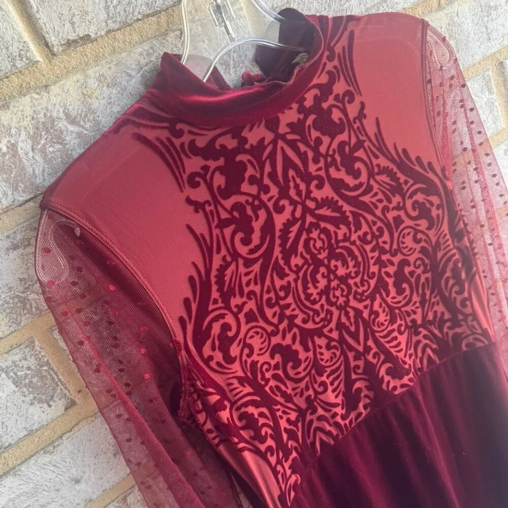 Free People Intimately Long Sleeve Semi-Sheer Velvet/Mesh Burnout Mini Dress S